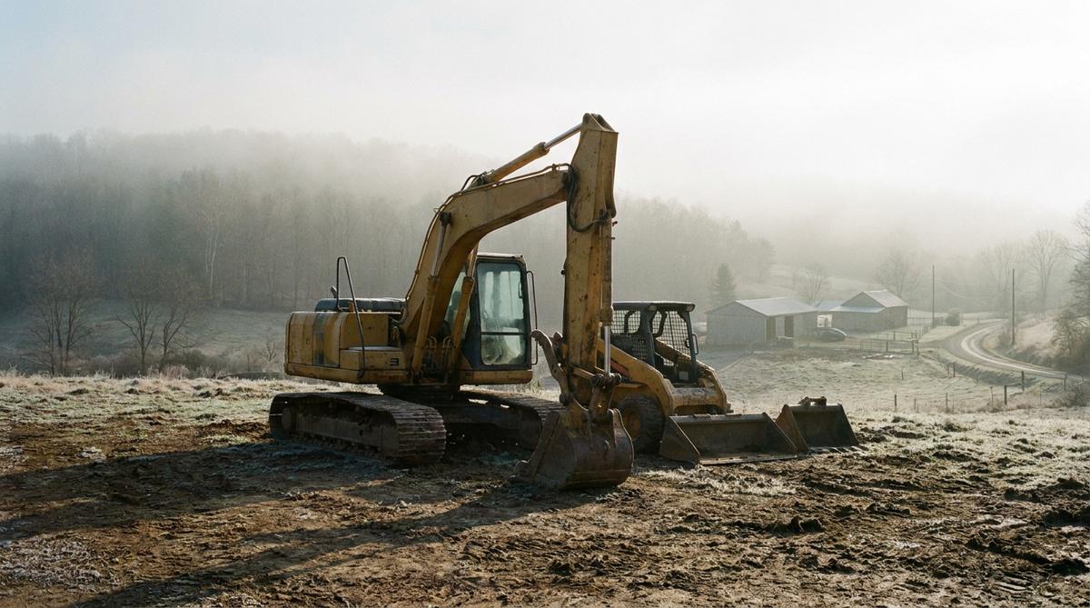 An excavator and skid steer parked on a rural Pennsylvania job site at dawn, mist over the valley behind them
