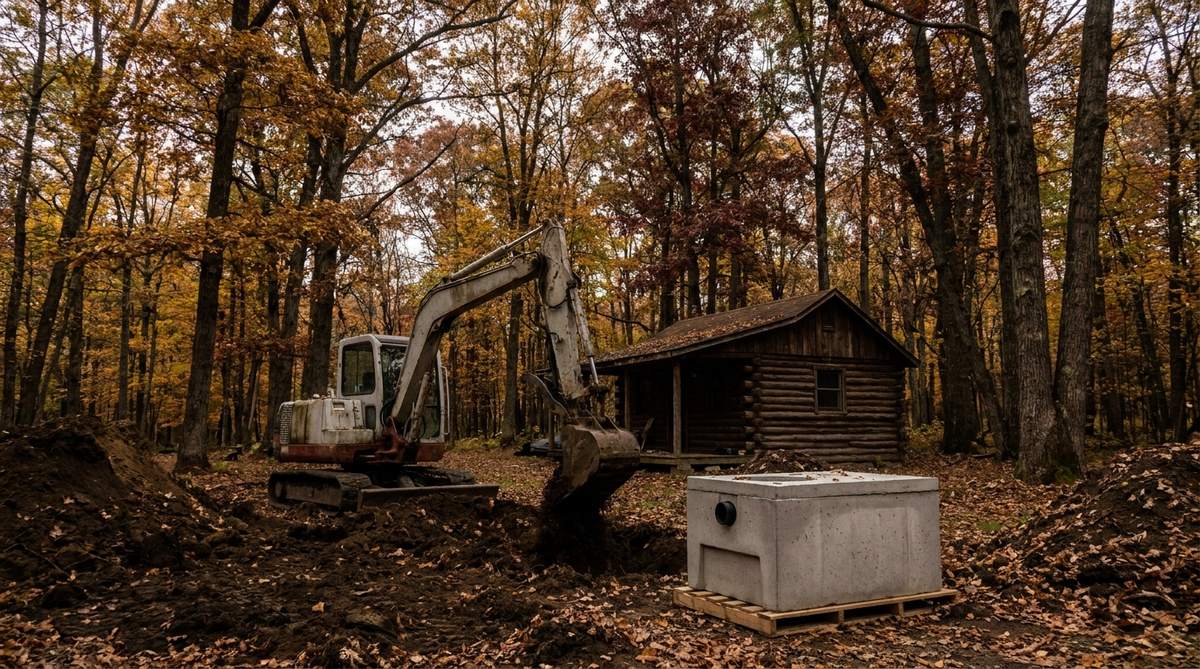 An excavator working beside a small rustic hunting cabin in the northern-tier woods with a new concrete septic tank staged nearby