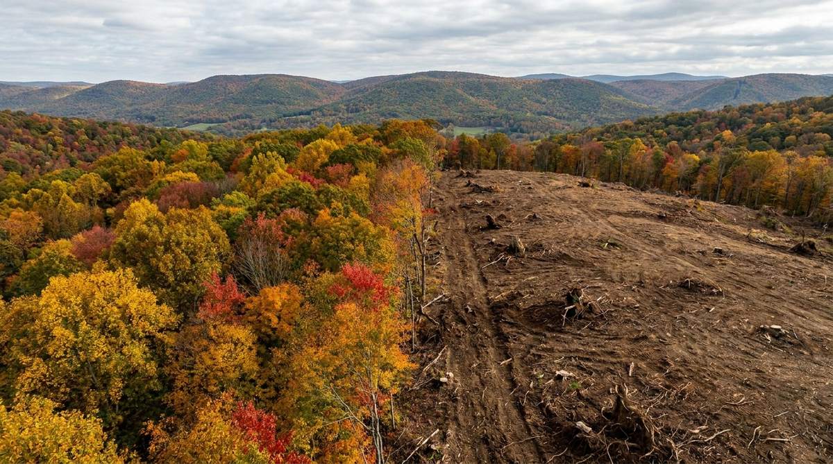 Aerial view of a land clearing project boundary: dense standing hardwood forest on one side, freshly cleared and rough-graded earth on the other