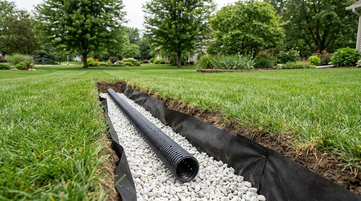 An open french drain trench in a lawn with black perforated pipe sitting on clean washed stone and filter fabric folded back along the edges