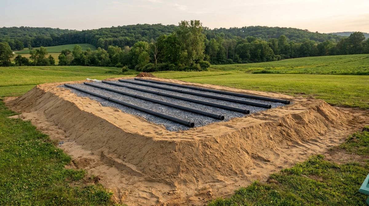 A sand mound septic system under construction, with a shaped tan sand bed and black perforated lateral pipes in gravel before topsoil cover