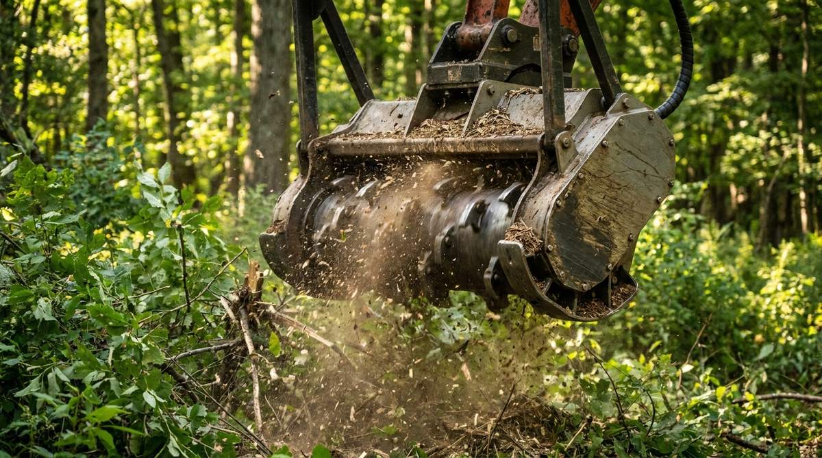 Close-up of a forestry mulcher drum head cutting into saplings and brush with wood chips flying