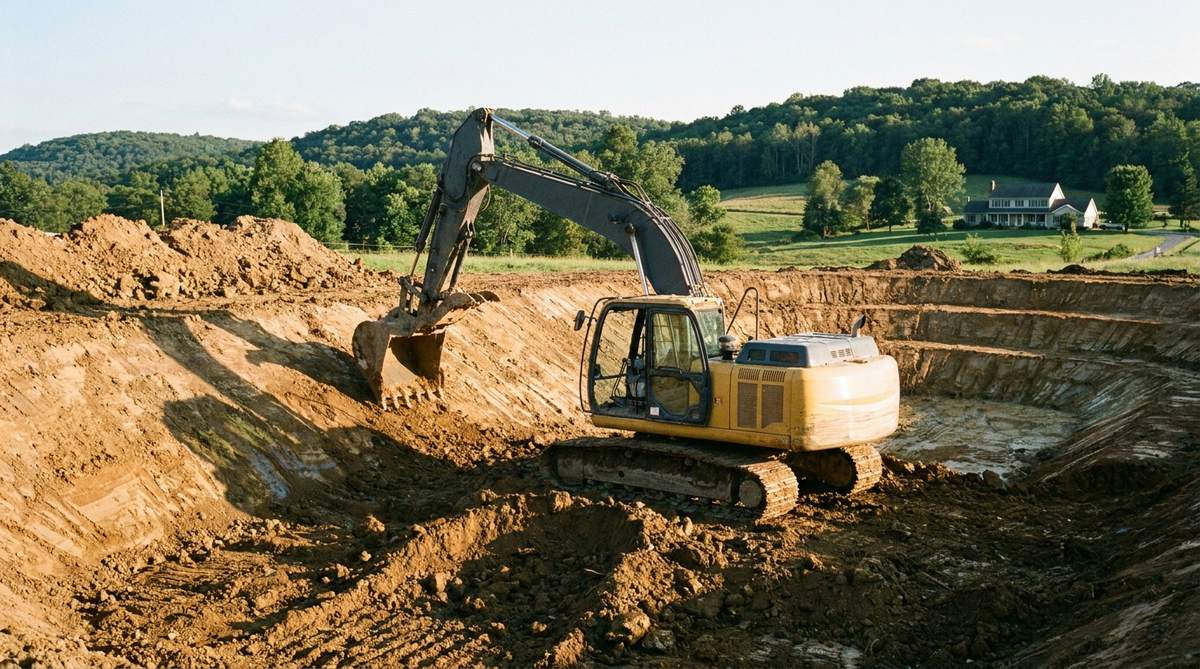 A tracked excavator shaping and benching the basin of a new farm pond in rural pasture
